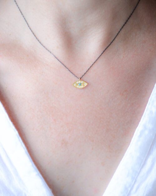 Evil eye talisman necklace with turquoise, Dark Rhodium