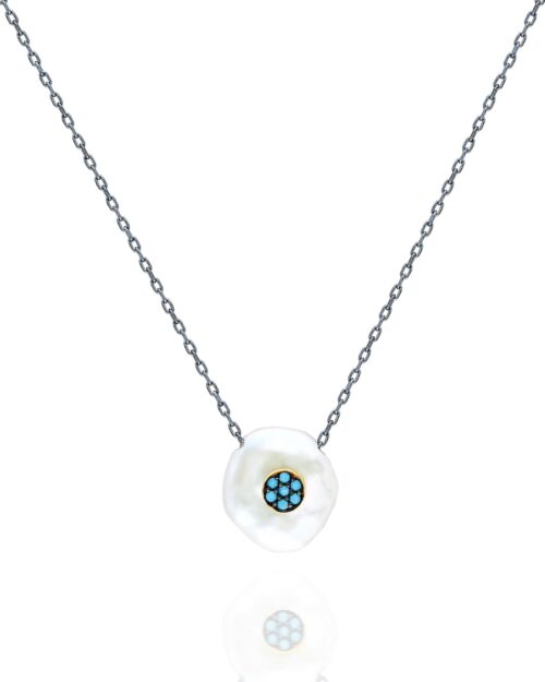 Dark Rhodium Necklace With Fresh Water Pearl and Turquoise