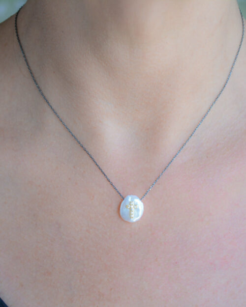 Dark rhodium Silver Cross Necklace with freshwater pearl