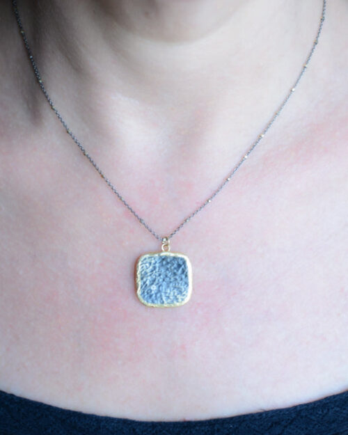 Mix metal organic square pendant necklace with cubic zirconia accent