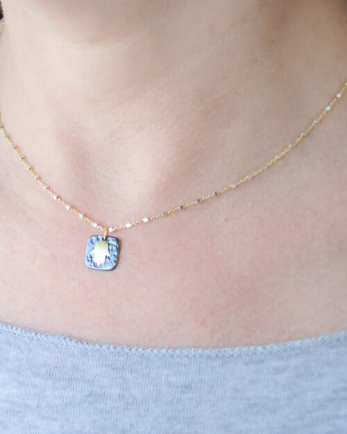 Mixed metal square pendant Hamsa necklace