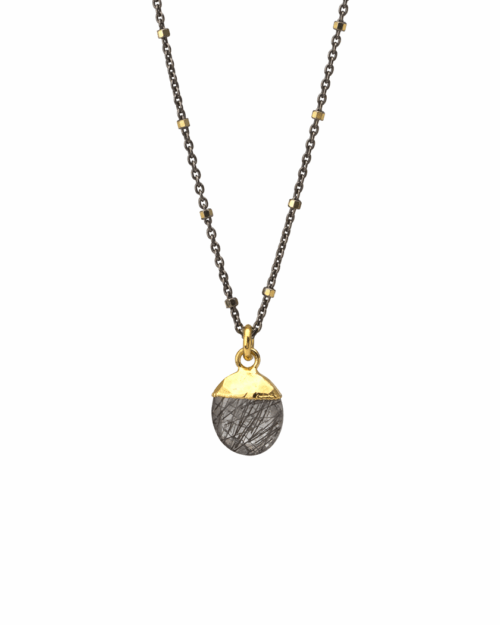 Mix metal necklace with oval black rutilated quartz pendant