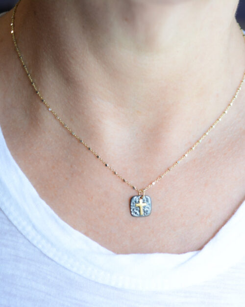 Mixed metal square pendant cross necklace