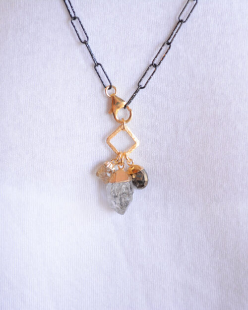 Dark Rhodium paperclip necklace with Herkimer and Citrine