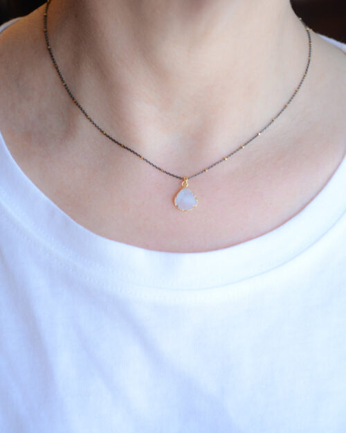 Mix metal Silver Necklace With Druzy Pendant