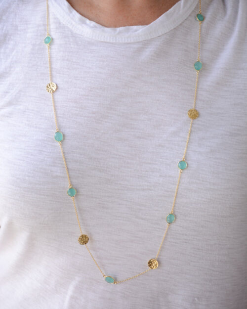 Gold Aqua chalcedony necklace with hammered discs