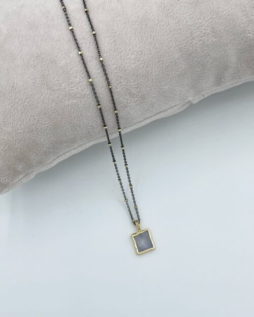 Rainbow moonstone square pendant two-tone necklace