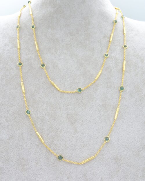 Long green tourmaline necklace with textured tube spacers