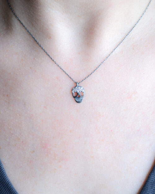 Dark Rhodium Skull necklace with cubic zirconia accents